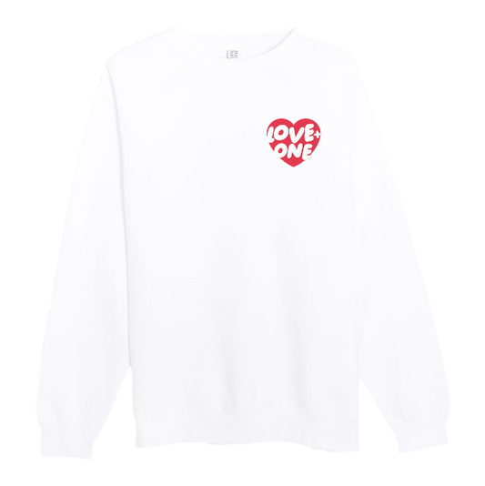 white crewneck with red and white Love One heart design