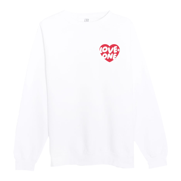 white crewneck with red and white Love One heart design