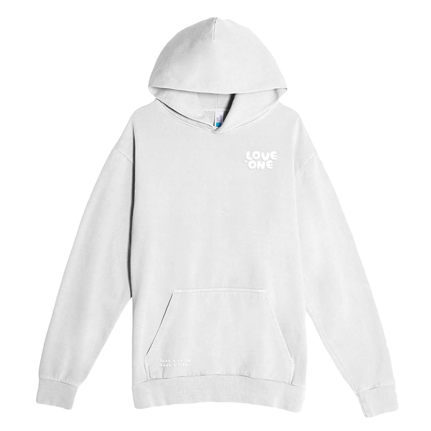light gray hoodie with Love One written in white, left chest