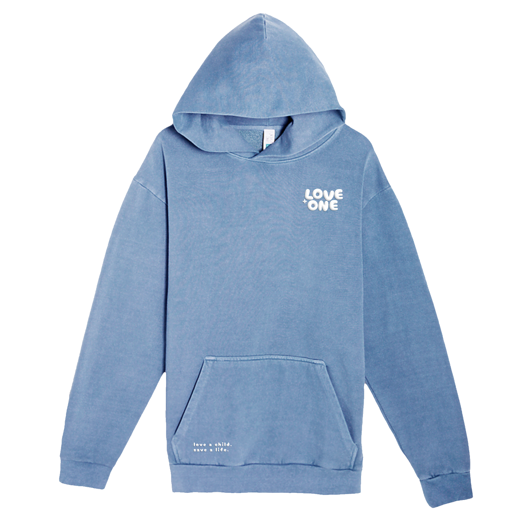 light blue hoodie with Love One written in white, left chest area